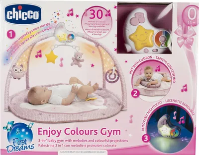 The image shows the packaging of a baby gym, with a baby lying on the mat and illustrations of the product's features.