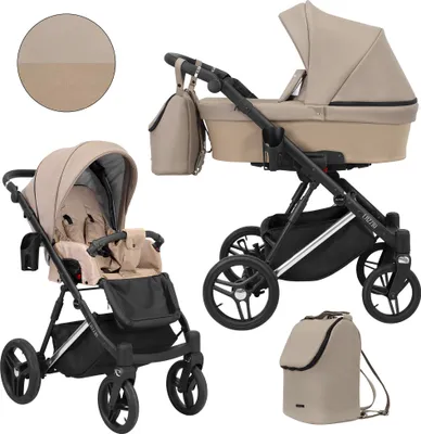 Produktbild von Kinderwagen LAZZIO PREMIUM Sportwagen Babywagen Babyschale Komplettset Kinder Wagen Set 2 in 1 (Cappuccino + eco, Rahmenfarbe: Silber)