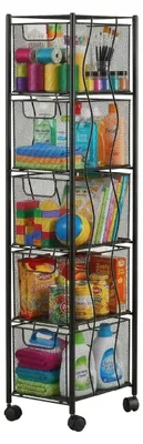 Image de Chariot Relaxdays, 5 tiroirs, métal, H x l x P : 98 x 20 x 28 cm, 4 roulettes, pour la cuisine, la salle de bains, les niches, noir