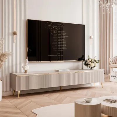 Image de Meuble TV bas IDOHOME SELIA 200 cm, finition striée, avec moulure dorée, système « Push to Open », meuble TV pour salon, meuble multimédia, couleur cachemire