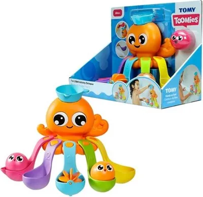 A bath toy octopus in its packaging, with a separate toy octopus shown outside the packaging.