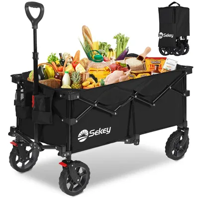 Produktbild von Sekey Bollerwagen faltbar 150 kg mit Bremsen, klappbarer Handwagen für Garten und Ausflug, Schwarz