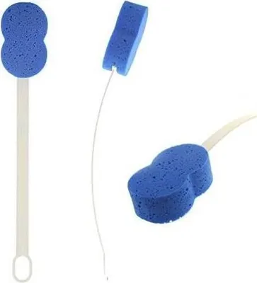 Three views of a blue sponge on a white background.