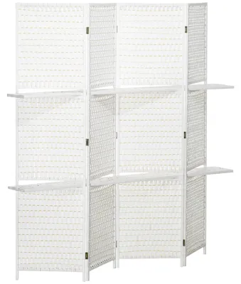 Produktbild von Paravent 4-teilig 181 x 180 cm Faltbar Raumteiler mit 2 Regalen aus Kiefernholz, Bambus für Schlafzimmer, Weiß