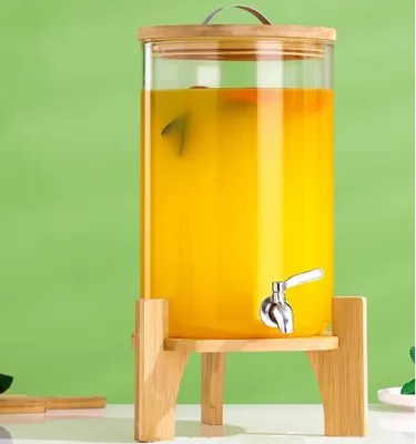 Obrázek produktu pro Dávkovač nápojů 7,5 litrový skleněný s nerezovým kohoutkem a bambusovým víkem, bílý, pro studené a teplé nápoje do 80 °C