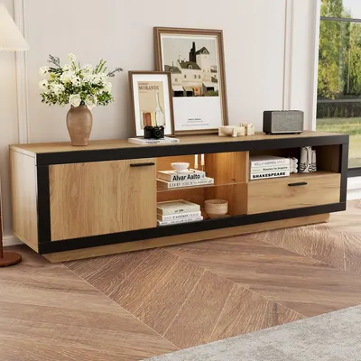 Productafbeelding van Sweiko LED TV-kast, TV-dressoir, modern tv-meubel met glazen planken voor de woonkamer of slaapkamer, TV-console met opbergruimte, mediameubel voor gaming, geschikt voor 70/65/55 inch televisies, zwart en eikenhout