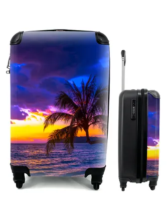 Produktbild von MuchoWow® Koffer Handgepäck Trolley Rollkoffer Kleine Reisekoffer mit 4 Rollen - Palme - Lila - Sonnenuntergang - Strand - Meer - Cabin Size < 55x40x23 cm & 55x40x20 cm - Fotokoffer - Kabinenkoffer - Boardgepäck - Reise-Box - Reisekoffer - Reisegepäck - Koffer mit Bild - Trolley für Kinder