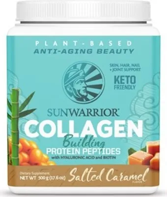 A product shot of a Sunwarrior Collagen Building Protein Peptides container in Salted Caramel flavor.