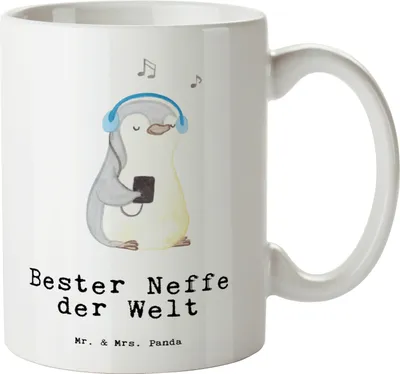 Produktbild von Mr. & Mrs. Panda Teebecher Pinguin Bester Neffe der Welt - Weiß - Geschenk, weisse tasse, Patenkind, Henkelbecher, Taufe, Pott, Geschenkidee, steingut, Tante, Jumbo