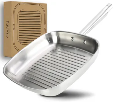Produktbild von DIVORY Grillpfanne gerillt 28 x 28cm, unbeschichtete Steakpfanne aus Edelstahl - Induktion, backofenfest und für alle Herdarten geeignet