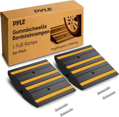 Produktbild von Pyle Auffahrrampe PKW – 2 Stück Bordsteinrampe Gummi Schwarz 31×41×7 cm – Wetterfest und rutschfest 5t Tragkraft je Rampe