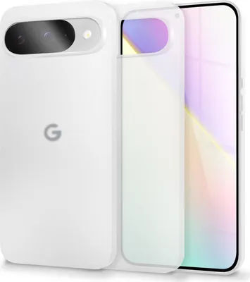 A white Google Pixel 9 phone case is shown with the phone inside, viewed from a slight angle.