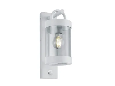 A white outdoor wall lamp with a clear glass cylinder and a visible light bulb, mounted on a white background.