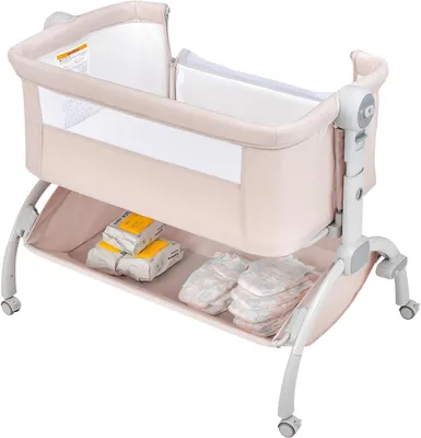 Produktbild von Beistellbett für Babys, 7-fach höhenverstellbar, mit Matratze und Rollen, tragbares Reisebett für 0–6 Monate, Stubenwagen mit Aufbewahrungskorb (Beige)