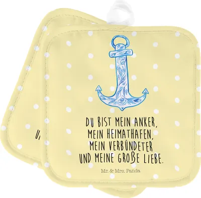 Produktbild von Mr. & Mrs. Panda Topfuntersetzer Anker Blau - Gelb Pastell - Geschenk, Topflappenset, topfhalter, Tiermotive, Kochlappen, Topflappen, Set