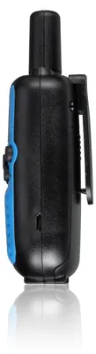 Side view of a black and blue walkie-talkie with a clip on the back.