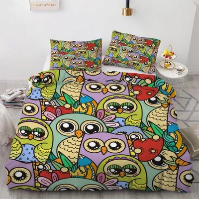 Produktbild von Bettwäsche-Set Eule 135x200 cm 4-teilig Mikrofaser 3D Motiv mit Reißverschluss 2 Kissenbezüge 80x80 cm