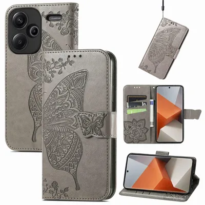 Image de Étui de protection en similicuir pour Xiaomi Redmi Note 13 Pro Plus, motif papillon, gris