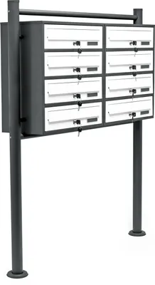 Zdjęcie produktu dla System skrzynek na listy Wiltec 8 biały/antracyt 945 x 270 x 1500 mm, wolnostojąca skrzynka na listy z 2x4 przegrodami, kluczem i tabliczką znamionową, skrzynka na listy ze stojakiem