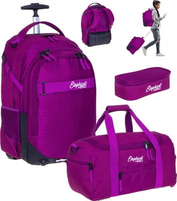Produktbild von Schultrolley 3 Teile Set Elephant Hero Signature Trolley Rucksack Trolly Sporttasche Mäppchen Box Mädchen Premium mit Rollen Räder 12994 Wild Berry (Violett Lila) tsm