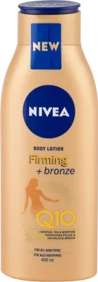 A NIVEA Q10 Bronzing Body Lotion bottle against a white background.