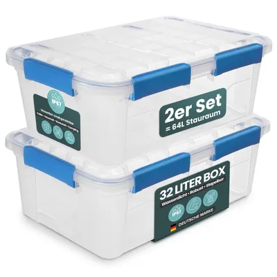Produktbild von Kreher® Aufbewahrungsbox 32 L mit Deckel - wasserdicht & staubdicht, transparent & stapelbar, BPA- & schadstofffrei, robuste Kunststoffbox (2 Stück)