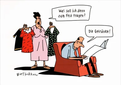 Produktbild von Cartoon-Postkarte Peter Butschkow "Was soll ich denn zum Fest tragen?"
