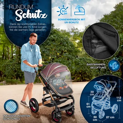 Produktbild von KIDUKU® 3 in 1 Kombi Kinderwagen Bordeaux/Gold Buggy Reisebuggy inkl. Auto- Babyschale Faltbar ECE R129