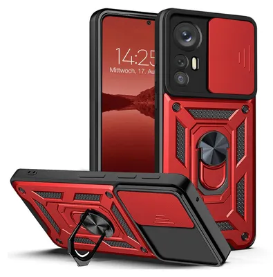 A red and black phone case with a camera cover and a ring stand, shown from multiple angles.