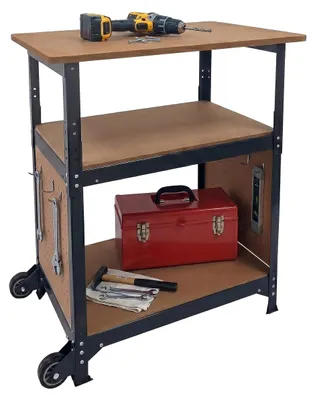 Image de Établi Relaxdays, avec roulettes, dimensions : 69,5 x 72,5 x 50 cm, réglable en hauteur, plan de travail avec panneau perforé, acier et MDF, noir