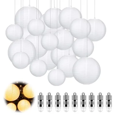 30 Papierlampions weiß mit LED, rund, 4 Größen, für Feste