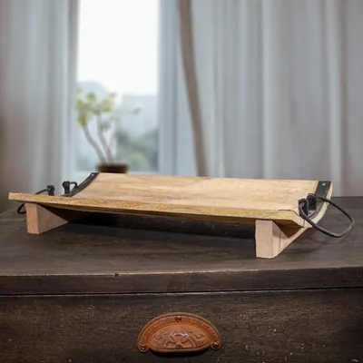 Produktbild von Tablett, rechteckig, flach, Holz, Eisenhenkel, Dekoration