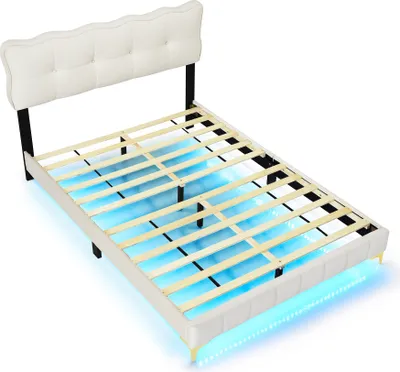 Produktbild von Polsterbett 140 x 200 cm(Ohne Matratze)Jugendbett Doppelbett Mit LED-Leuchten Mit Rückenlehne Mit Lattenrost hohe Metallfüße  Samtstoff Beige