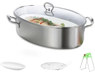 Produktbild von Edelstahl Fisch-Dämpfer Oval 38,7x25x10,8 cm – Multi-Topf mit Rost & Keramik, Ideal für Fisch, Pasta, Suppen & Dämpfen