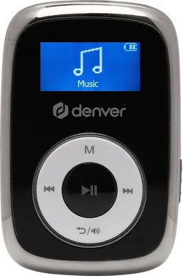 A black Denver MPS-316 music player with a silver trim is shown against a white background.