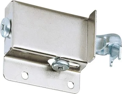 A close-up, studio shot of a metal cabinet hanger with screws.