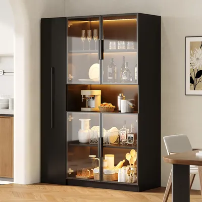 Produktbild von MODFU Glasvitrine Aufbewahrungsschrank mit ausziehbaren Regalen Wohnzimmerschrank Hochschrank mit LED-Beleuchtung vertikaler Vitrine mit Stauraum Schwarz