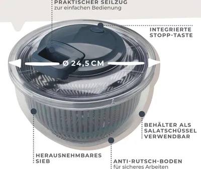 Produktbild von Fackelmann Salatschleuder Easyprepare, hochwertige Schleuder mit Seilzug, Schüssel mit Stopp-Taste, Salattrockner mit herausnehmbarem Sieb, Salatschüssel mit Anti-Rutsch-Boden (Farbe: Blau/Grau)