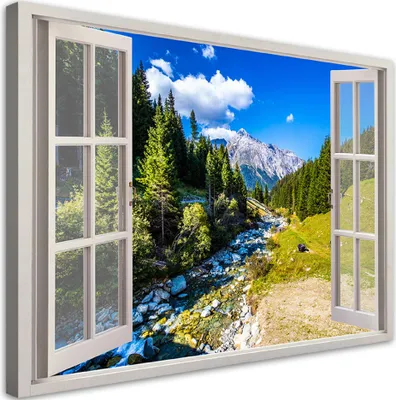 Produktbild von Leinwandbild Blick aus dem Fenster Berge Natur Landschaft 90x60 Feeby Grün bild für die wand bereit zum aufhängen