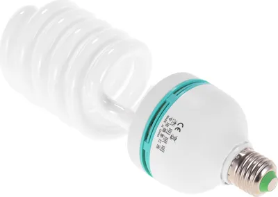 A close-up studio shot of a spiral fluorescent light bulb with a white base and teal accents.