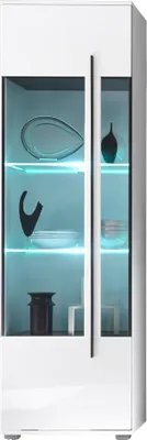A white display cabinet with glass doors and internal blue LED lighting.