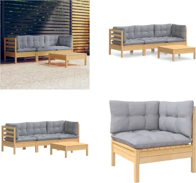 Productafbeelding van vidaXL 4-delige loungeset voor de tuin met grijze kussens, gemaakt van grenenhout - Tuin loungeset - Tuin loungesets - Lounge set - Lounge sets