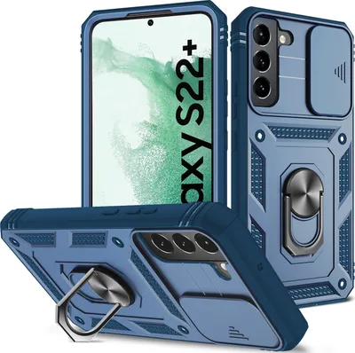 Produktbild von Galaxy S22 Plus 5G Hülle, Schiebe Kamera Schutz Robust Rüstung Stoßfest Schutzhülle mit Ringhalterung Ständer Kartenhalter für Samsung Galaxy S22 Plus 5G Blau