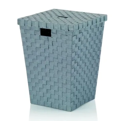 A gray woven laundry basket with a lid.