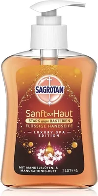 Produktbild von Sagrotan, Antibakterielle Flüssigseife, Mandelblüte und Manuka-Honig, in praktischer Verpackung, 250ml