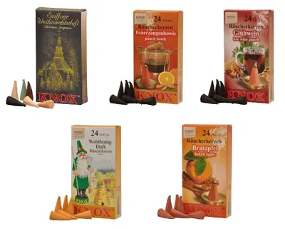 Produktbild von KNOX 5er Set Räucherkerzen Seiffner Weihnachtsmischung/Glühwein/Feuerzangenbowle/Waldhonig/Bratapfel - Inhalt jeweils 24 Stück, Größe M (Standard)