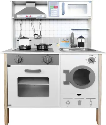 Image de 4iQ Cuisine jouet Cuisine en bois pour enfants TinyChefs Blanc 65x30x93 cm avec accessoires et machine à laver