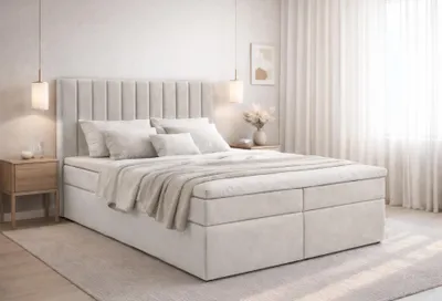 Image de AX LIVING Lit boxspring Bursa 140 x 200 cm, beige, avec surmatelas et coffre de rangement, lit confort
