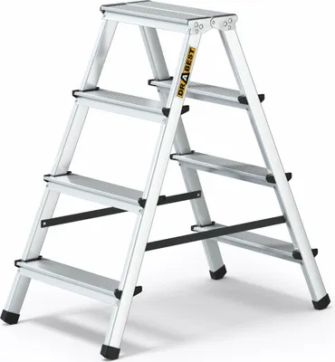 A silver aluminum stepladder with four steps is shown against a white background.