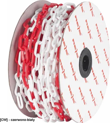 A roll of red and white plastic chain on a cardboard spool.